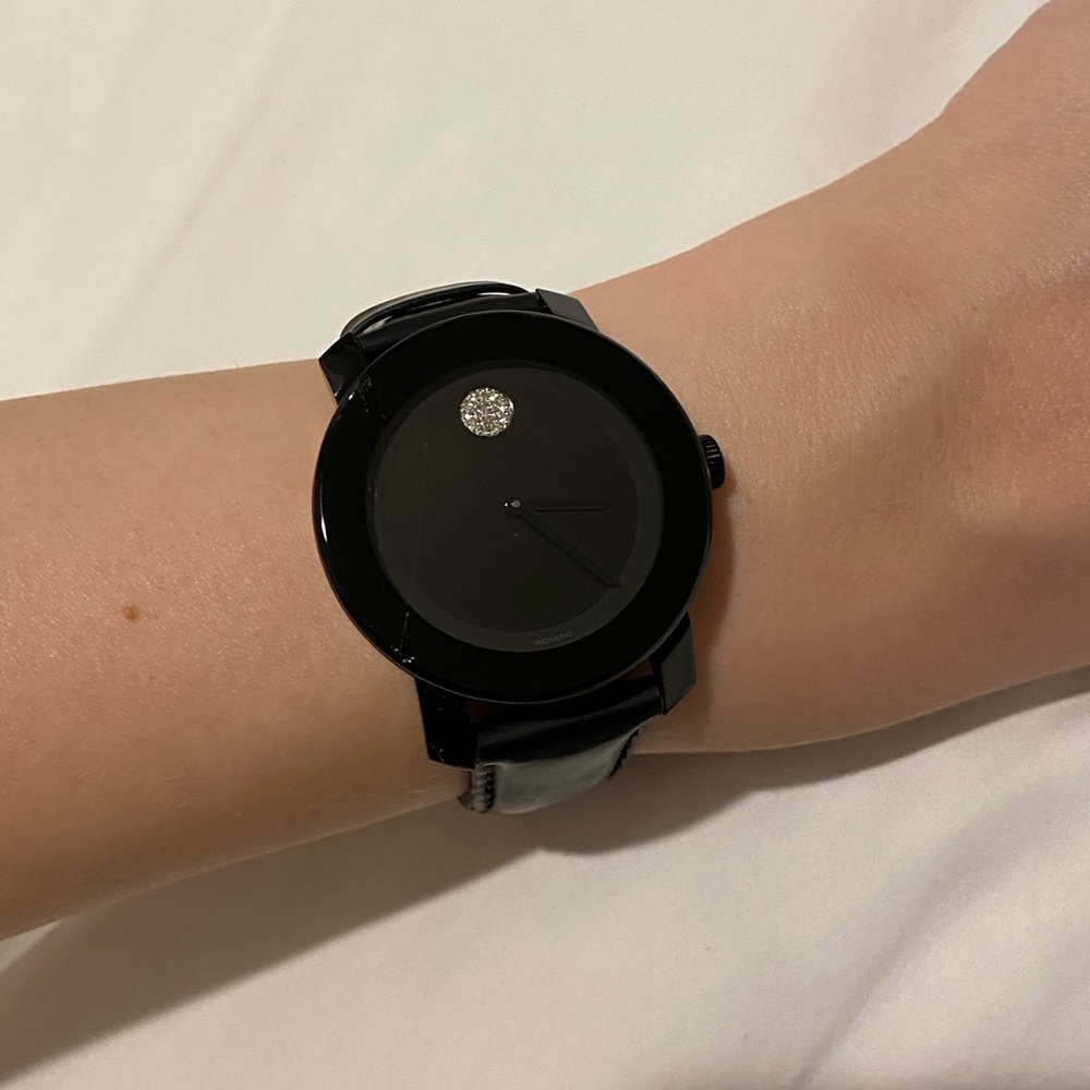 Movado Women’s Bold Diamond Black Leather Watch